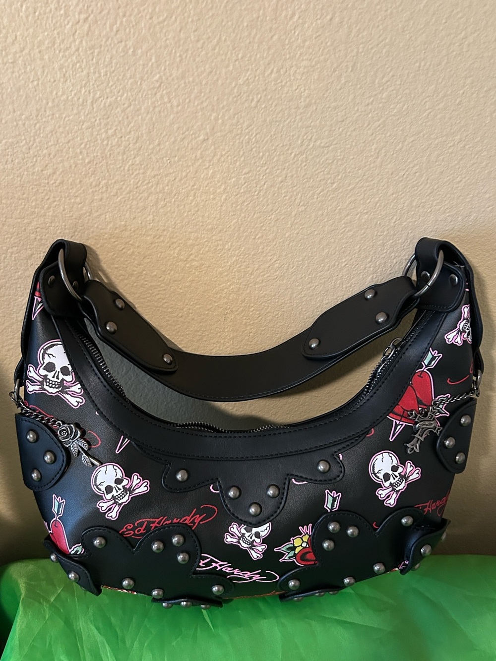 Ed Hardy Black Shoulder Bag with Pink & Red Skull Print